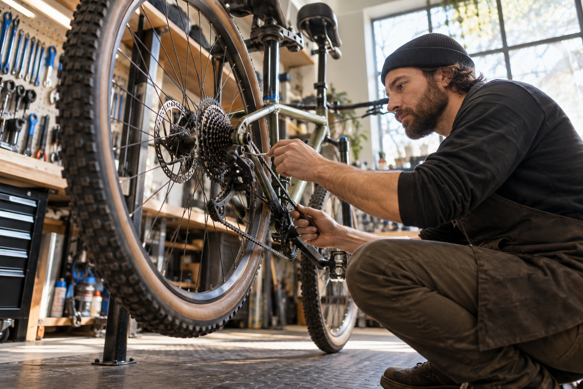 Bicicleta con cambios durante mantención completa deluxe en Chaskicleta, Santiago Centro.
