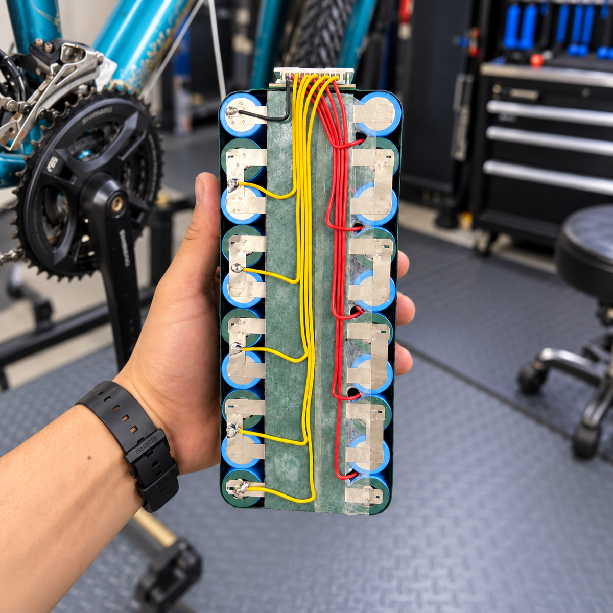 Batería rectangular de litio sostenida en la mano junto a una bicicleta eléctrica