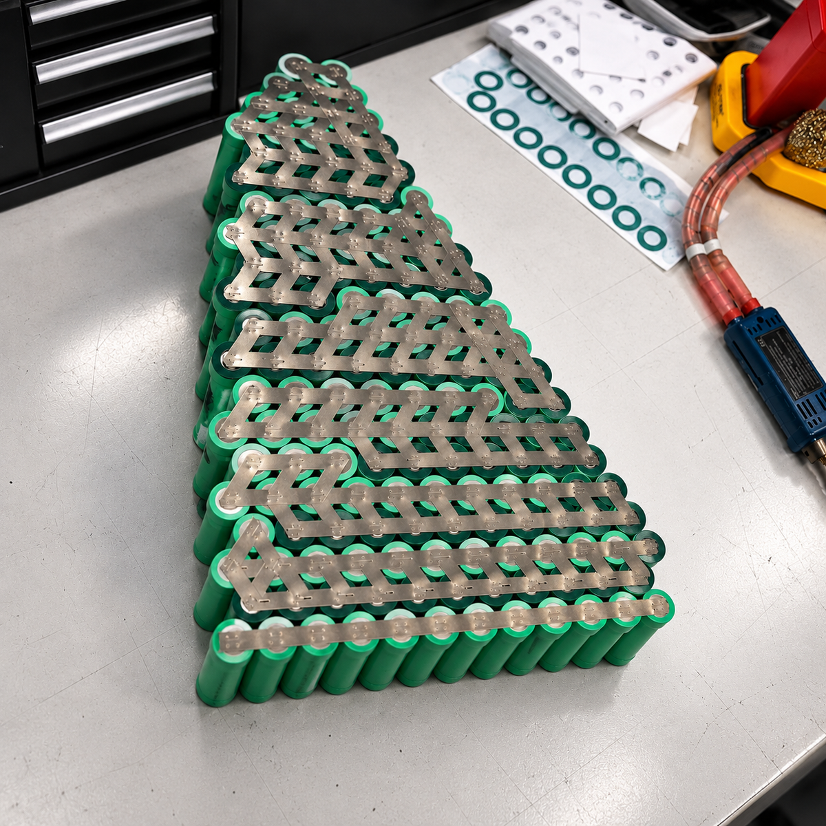 Batería triangular de litio con celdas verdes sobre la mesa del taller