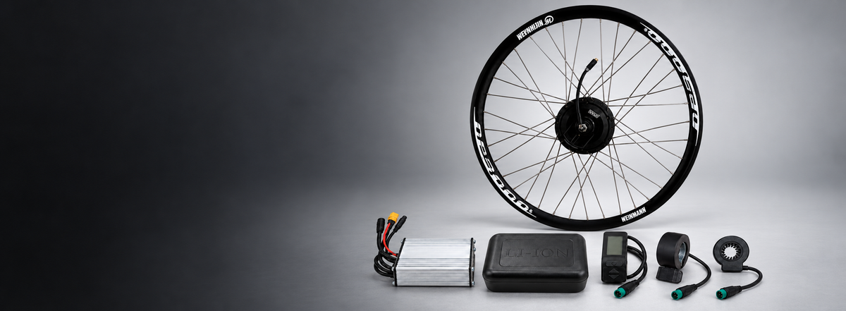 Kit eléctrico MXUS aro 29 con rueda trasera motorizada, controladora, caja de controlador, display, acelerador de pulgar y sensor PAS. Batería no incluida.