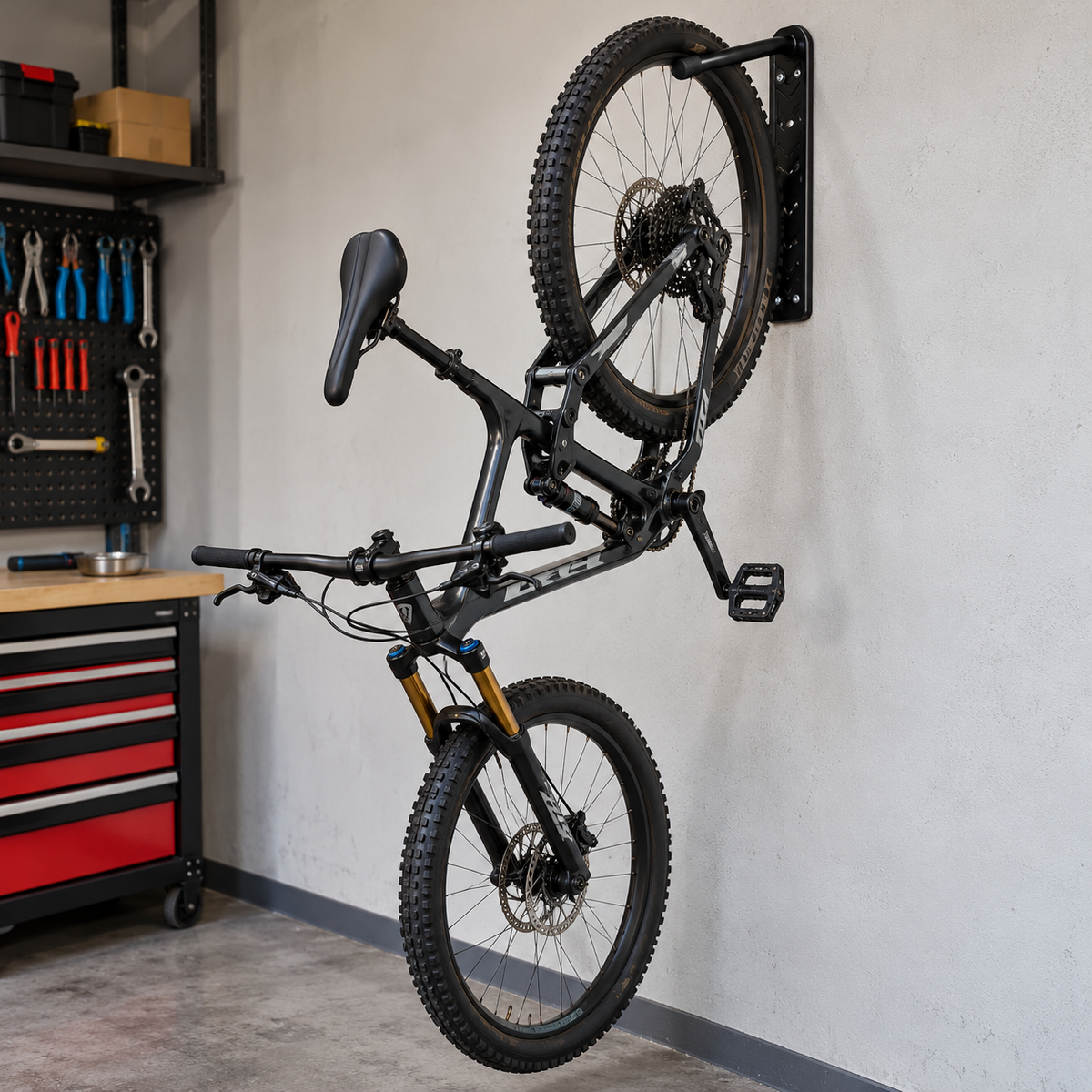 Bicicleta de montaña colgada verticalmente en la pared de un taller