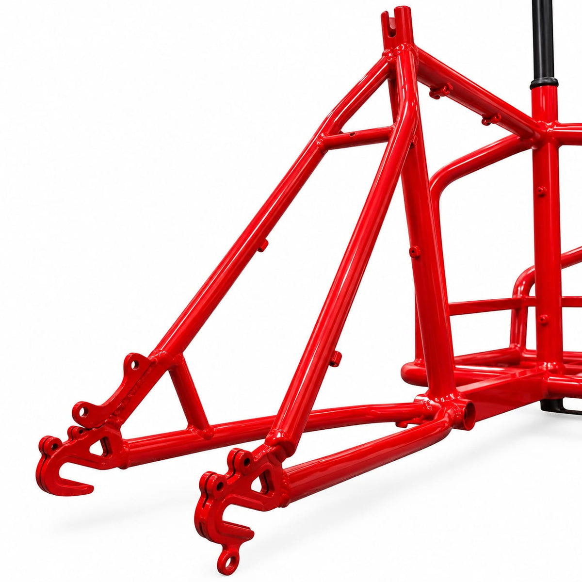 Detalle de las punteras y tubos traseros del marco Cargobike rojo.