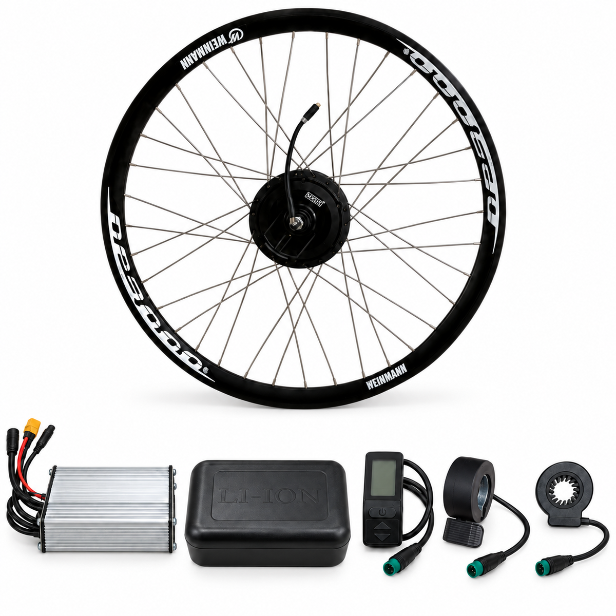 Kit eléctrico MXUS para bicicleta aro 29 con rueda trasera motorizada, controlador, caja, display KT5, acelerador y sensor PAS. Batería no incluida.