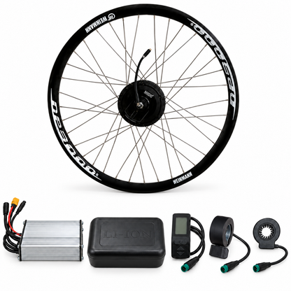 Kit eléctrico MXUS para bicicleta aro 29 con rueda trasera motorizada, controlador, caja, display KT5, acelerador y sensor PAS. Batería no incluida.