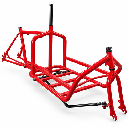 Vista frontal y lateral del marco Cargobike rojo, con horquilla delantera incluida.