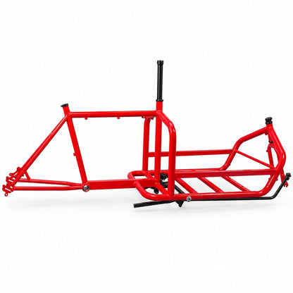 Vista lateral completa del marco Cargobike de acero rojo brillante.