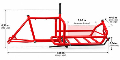 Medidas del marco Cargobike: 1,95 m de largo total, 0,70 m de alto, 0,54 m de ancho total, caja de carga de 0,66 m por 0,49 m.